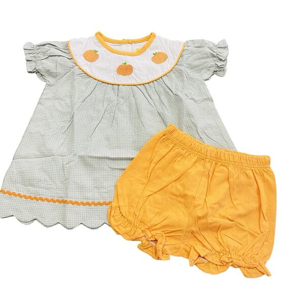 Abby & Evie Girls 4T Pumpkin Gingham Dress And bloomers Green NWT Fall - Picture 1 of 5